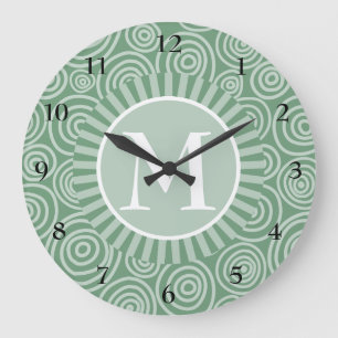 Monogram Sage Green Spirals - Personalised Large Clock
