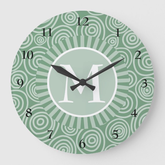 Monogram Sage Green Spirals - Personalised Large Clock (Front)