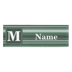 Monogram sage green stripes name tag