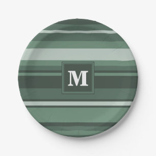 Monogram sage green stripes paper plate