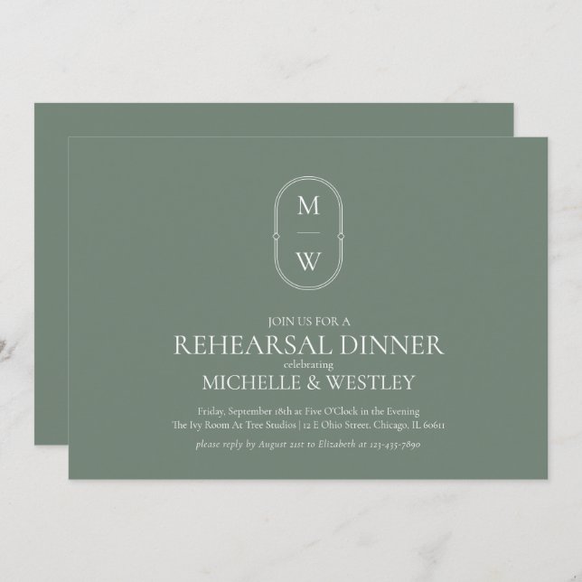 Monogram Sage Green Wedding Rehearsal Dinner Invitation (Front/Back)
