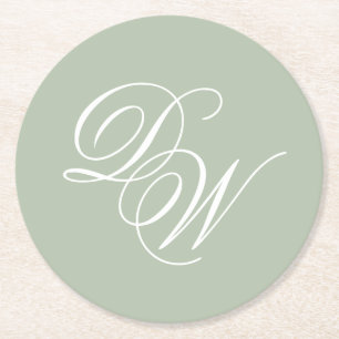 Monogram Sage Green Wedding Simple Elegant Script  Round Paper Coaster