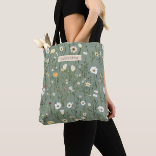 Monogram Sage Green Yellow White Wildflowers Boho Tote Bag