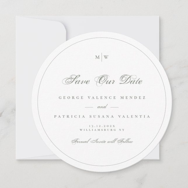 Monogram Sage Grey Green Frame Photo Save The Date Invitation (Front)