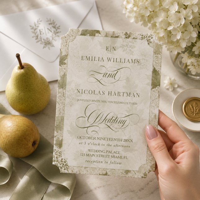 Monogram Sage Ivory Botanical Wedding  Acrylic Invitations (Creator Uploaded)