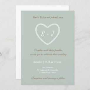Monogram Sage White Gold Heart Shaped Wedding Invitation