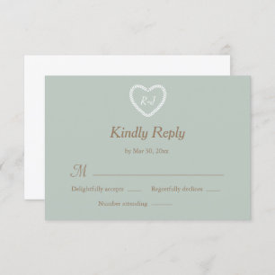 Monogram Sage White Gold Heart Shaped Wedding RSVP Invitation