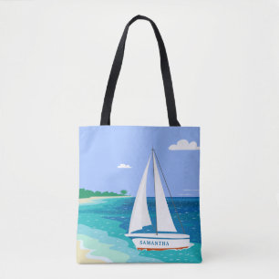Monogram Sailboat Coastal Tropical Beach Tote Bag