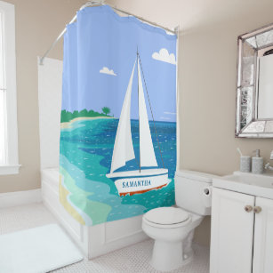 Monogram Sailboat Tropical Beach Shower Curtain