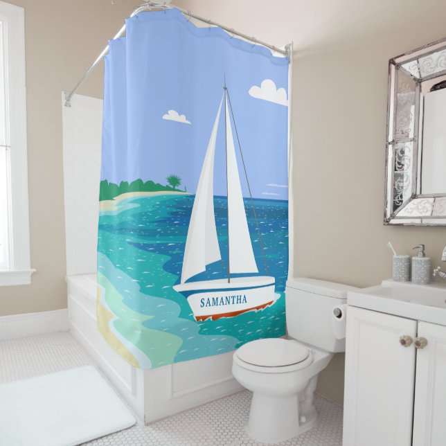 Monogram Sailboat Tropical Beach Shower Curtain (In Situ)