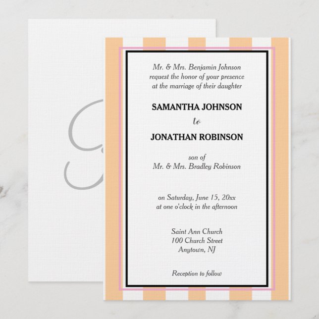 Monogram Sandy Beach Pink White Cabana Stripes Invitation (Front/Back)