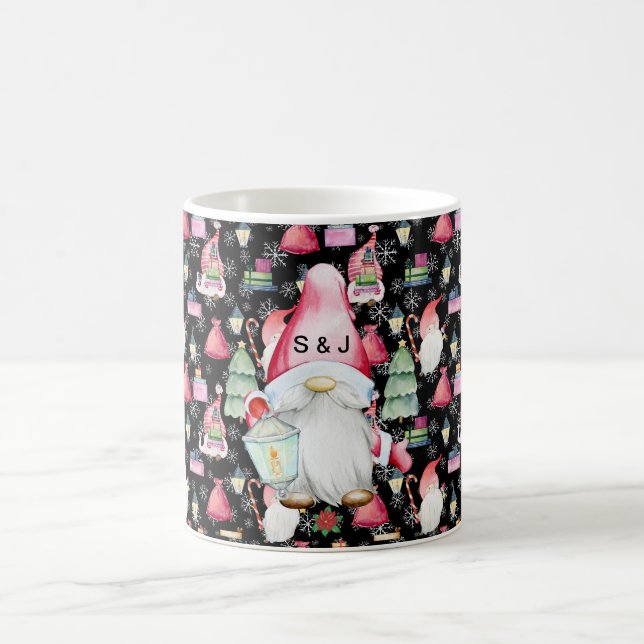 Monogram Santa Gnome for Christmas Pattern Black Coffee Mug (Center)