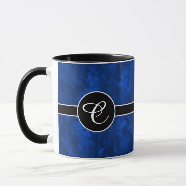 Monogram Sapphire Blue Abstract Feather Pattern Mug (Left)