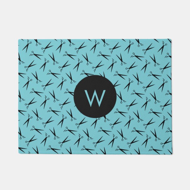 Monogram Scissors Hair Stylist Pattern Doormat (Front)