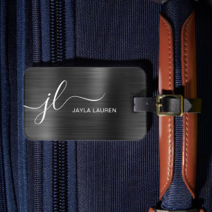 Monogram Script Black Grey Faux Metal Steel Luggage Tag
