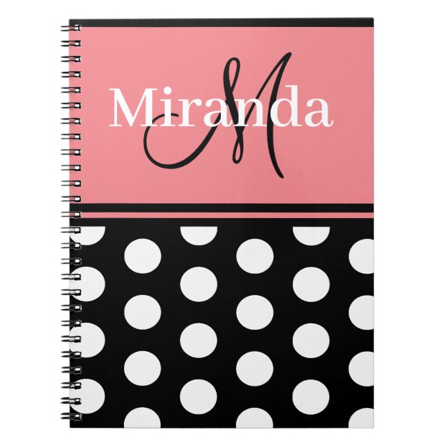 Monogram Script Black Pink White Polka Dots Notebook (Front)