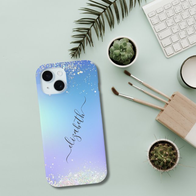 Monogram Script Blue Purple Glitter Trendy iPhone 15 Case (Blue Purple White Glitter Monogrammed Name Script iPhone Case)