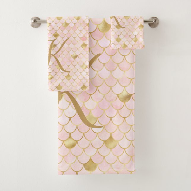 Monogram Script Blush Pink Gold Mermaid Scales  Bath Towel Set (Insitu)