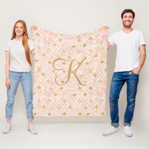Monogram Script Blush Pink Gold Mermaid Scales  Fleece Blanket
