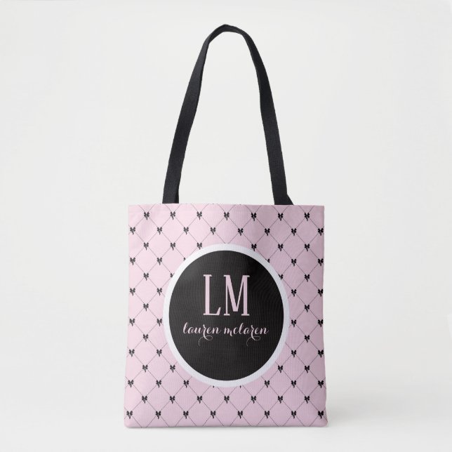Monogram Script Bow Tote Bag – Pink & Black (Front)