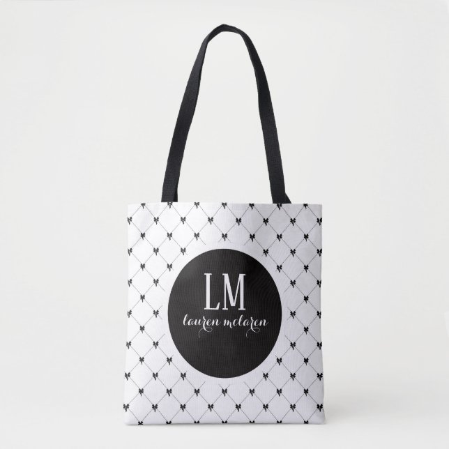 Monogram Script Bow Tote Bag – White & Black (Front)