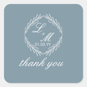Monogram Script Branch Dusty Blue Wedding  Square Sticker