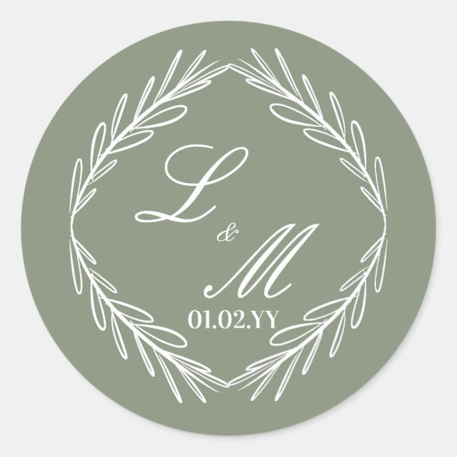 Monogram Script Branch Sage Green Wedding     Classic Round Sticker (Front)