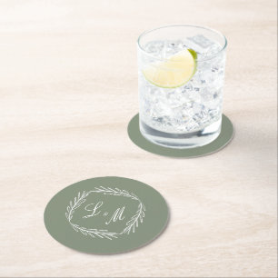 Monogram Script Branch Sage Green Wedding Round Paper Coaster