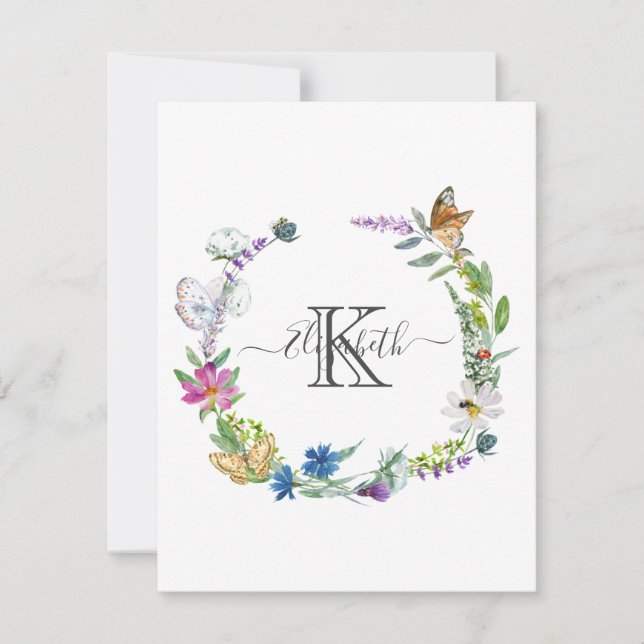 Monogram Script Calligraphy Butterflies Flowers  Card (Front)