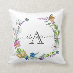Monogram Script Calligraphy Butterflies Flowers Cushion