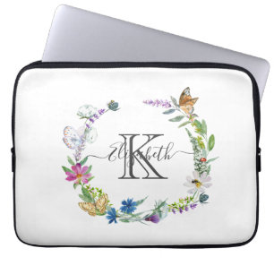 Monogram Script Calligraphy Butterflies Flowers Laptop Sleeve