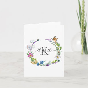 Monogram Script Calligraphy Butterflies Flowers  N Note Card