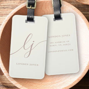 Monogram Script Calligraphy Ivory White Rose Pink  Luggage Tag
