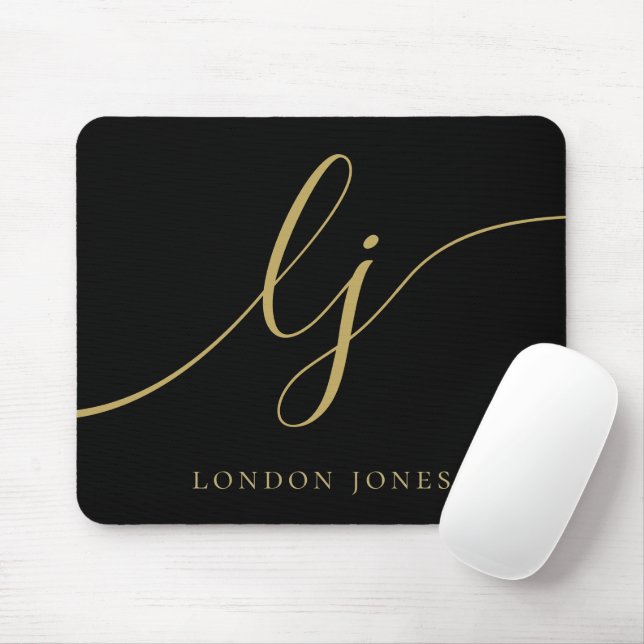 Monogram Script Elegant Black Gold Feminine Mouse Mat (With Mouse)