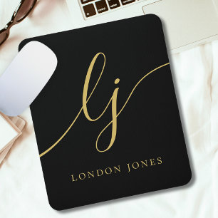 Monogram Script Elegant Feminine Black Gold Custom Mouse Mat