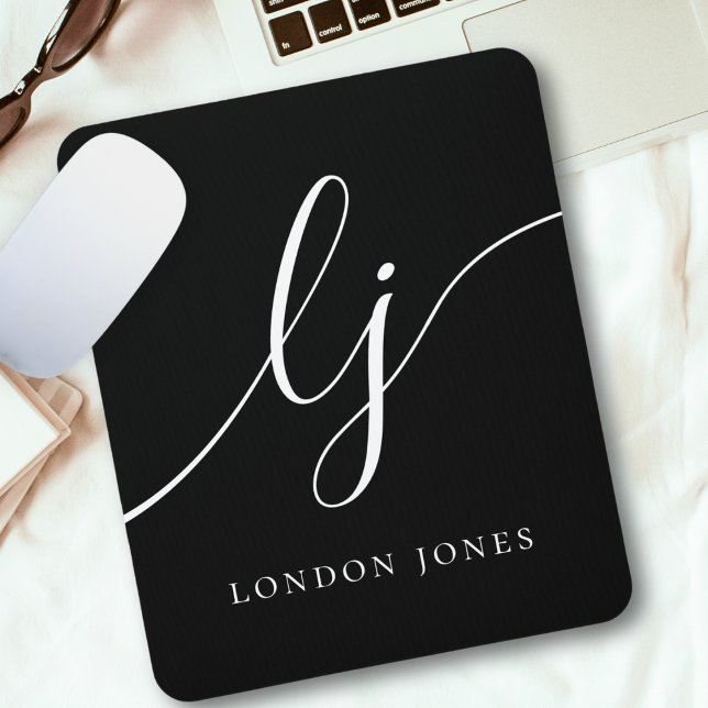 Monogram Script Elegant Feminine Black White Mouse Mat (Creator Uploaded)