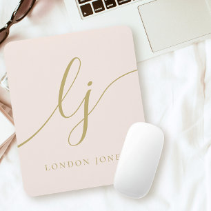 Monogram Script Elegant Feminine Blush Pink Gold Mouse Mat