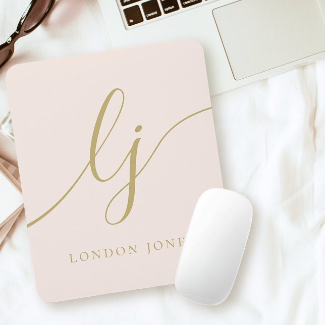 Monogram Script Elegant Feminine Blush Pink Gold Mouse Mat (Creator Uploaded)