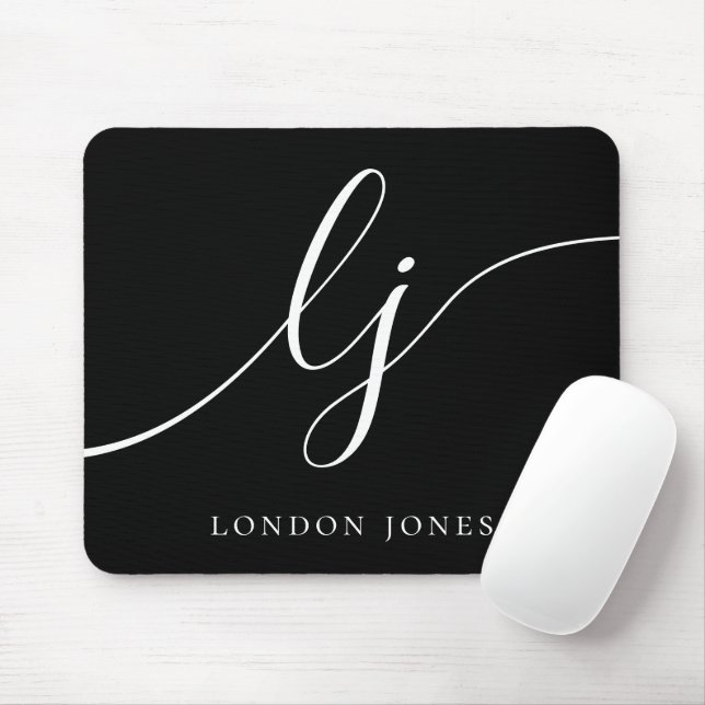 Monogram Script Elegant Feminine Chic Black Mouse Mat (With Mouse)