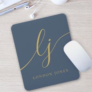 Monogram Script Elegant Feminine Navy Blue Gold Mouse Mat