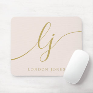 Monogram Script Elegant Girly Blush Pink Gold Mouse Mat