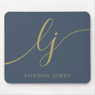 Monogram Script Elegant Navy Blue Gold Feminine Mouse Mat