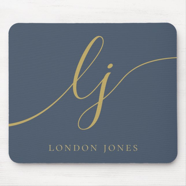 Monogram Script Elegant Navy Blue Gold Feminine Mouse Mat (Front)