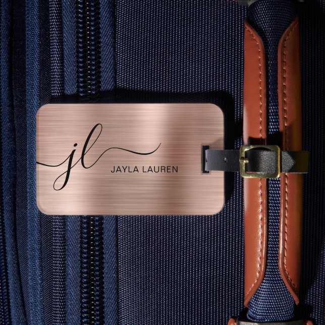 Monogram Script Faux Rose Gold Metal Steel Luggage Tag (Front Insitu 4)