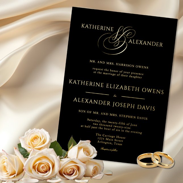Monogram Script Gold Black Wedding Foil Invitation (Creator Uploaded)