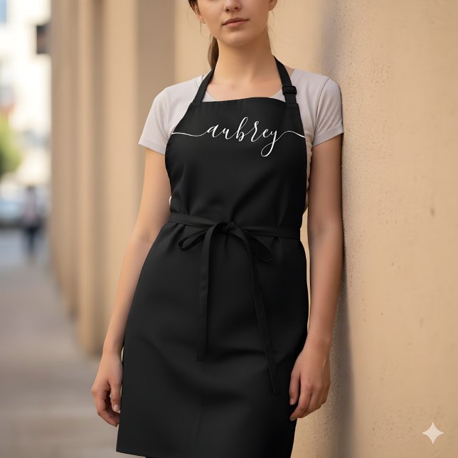 Monogram Script Handwritten Minimal Black Apron (Creator Uploaded)