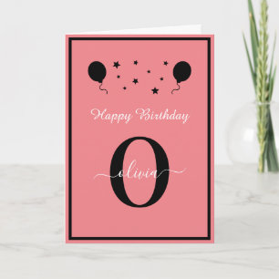 Monogram Script Happy Birthday Black White Pink Card