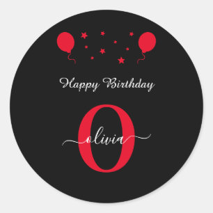 Monogram Script Happy Birthday Black White Red Classic Round Sticker
