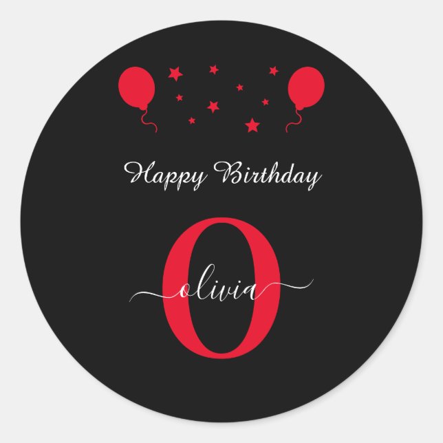 Monogram Script Happy Birthday Black White Red Classic Round Sticker (Front)