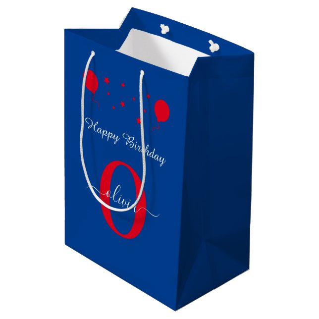 Monogram Script Happy Birthday Blue White Red Medium Gift Bag (Back Angled)